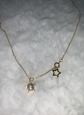 sweetbones925银镀白金锆石项链星星双吊坠锁骨链辣妹气质