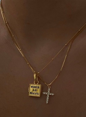 sweetbones辣妹金色盒链十字架极简风锆石吊坠爆闪