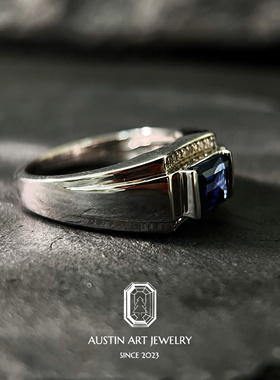 AUSTIN翱森·培育蓝宝石戒指男士戒指·矢车菊色 925银镀18K金