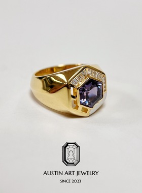 AUSTIN翱森·原创几何设计不规则男戒 培育变色蓝宝石 银镀22K金