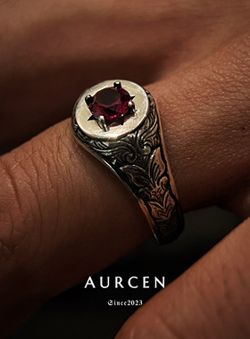 AURCEN翱森·复古雕金工艺红宝石印章戒男戒中性风  S925银做旧