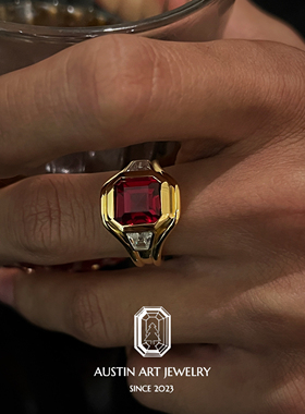 AUSTIN翱森·淬炼冒险家 三石款男戒中性风 培育红宝石 银镀18K金