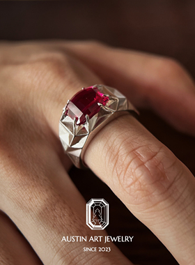AUSTIN翱森·几何风马赛克切割宝石戒指 培育红宝石925银镀18K金