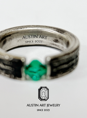 AUSTIN翱森 万物新生 张力镶嵌工艺男戒 中性风 培育祖母绿 925银