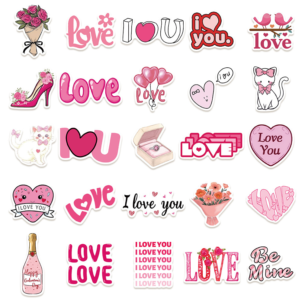 50张卡通可爱粉色英文情人节主题贴纸装饰手机壳水杯ipad防水贴画