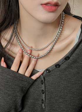 小立交灰色正圆人造珍珠双层项链