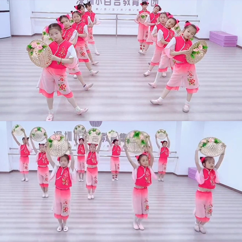 喜雨舞蹈服斗笠道具中国舞女童2025新款儿童演出服秧歌舞表演服装 - 图0