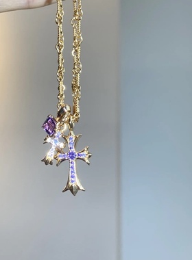 18k白金大小蓝宝石紫色宝石冰糖heart十字架项链吊坠