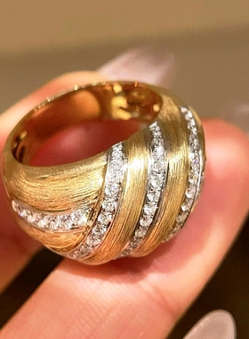 中古风拉丝宽版戒指镶嵌天然钻石