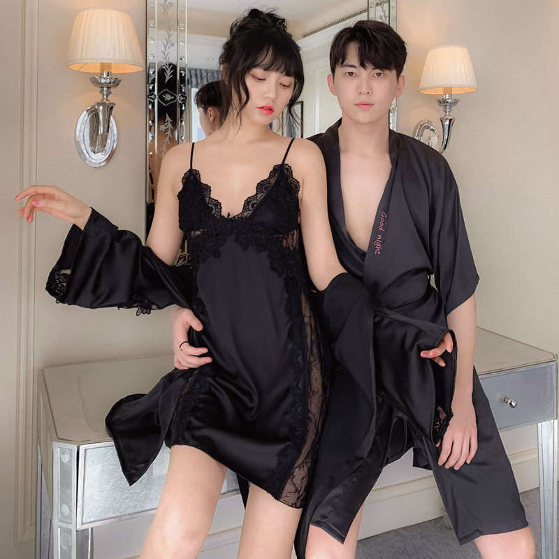 情侣春秋冰丝黑色性感吊带男士睡裙 蕾贝姿睡衣/家居服套装