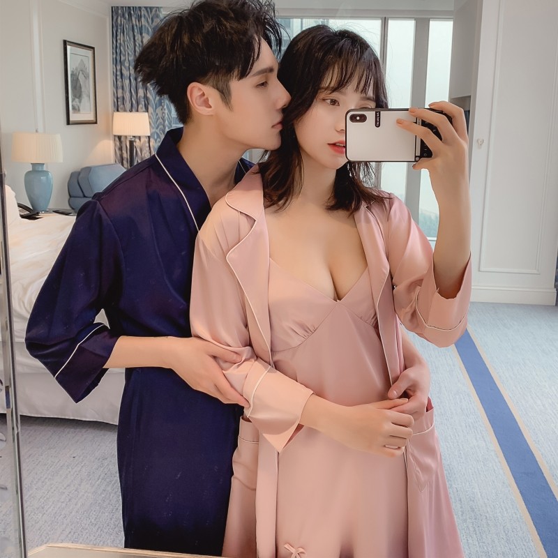 情侣夏季性感冰丝男士吊带睡袍 蕾贝姿睡袍/浴袍