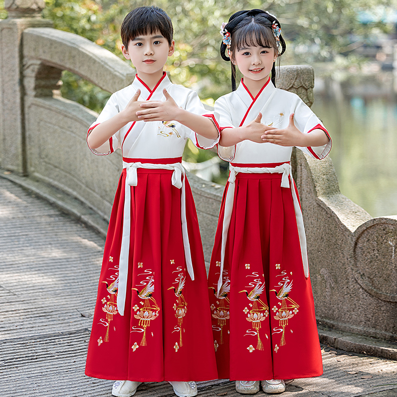 汉服男童国学服装儿童六一演出服短袖夏季唐装三字经表演服书童