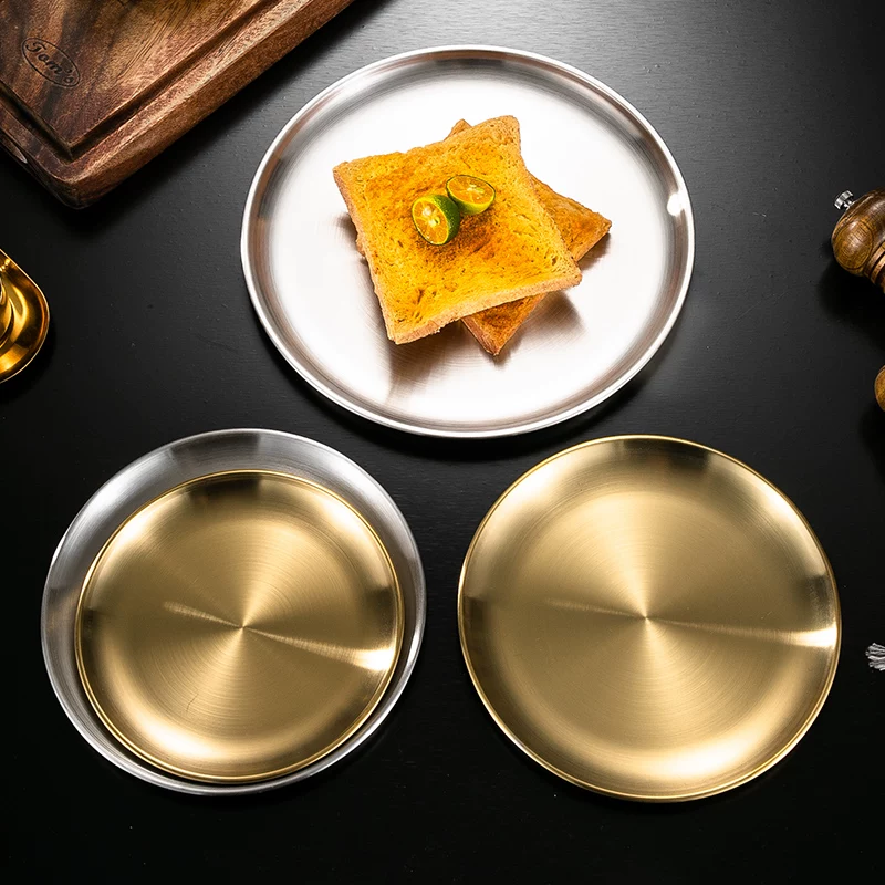 Korean-стиль стальная золотая тарелка для жареного мяса, фруктовый торт, блюдо, вертел, кость, рвота, маленькая тарелка, плоское дно, неглубокий поддон