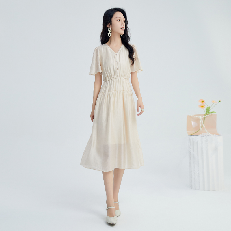 鲁思蒂短袖V领连衣裙2025新款女夏季气质时尚显瘦飞飞袖中长裙子 - 图0