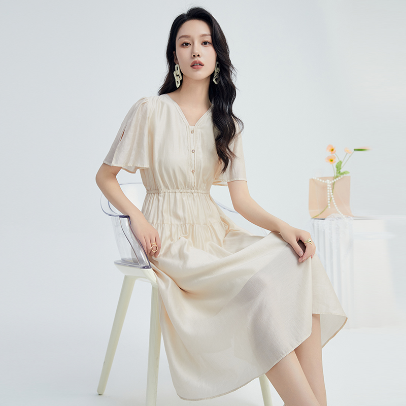 鲁思蒂短袖V领连衣裙2025新款女夏季气质时尚显瘦飞飞袖中长裙子 - 图1