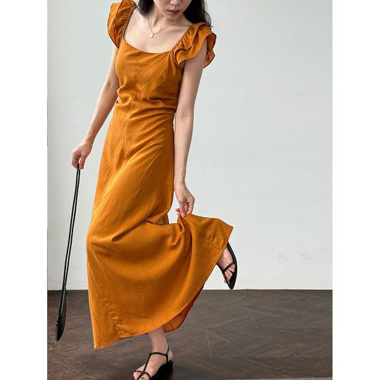 25 summer new French small flying sleeves fresh temperament scheming dress with hollow waist and slimming vest skirt