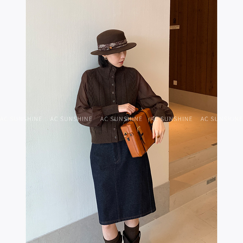 AC Sunshine莱赛尔羊毛混纺拼接针织开衫女秋冬日常叠穿上衣 - 图0