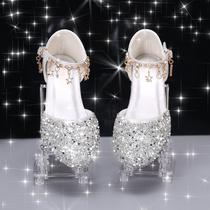 Girl Water Crystal Shoes Princess Shoes Summer Water Drill Sandals Bow Tie Performance High Heel Shoes Silver Floral Dresses Shoes