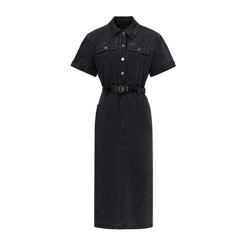 FF仿佛连衣裙2025秋新款复古翻领修身女短袖气质收腰 - 图3