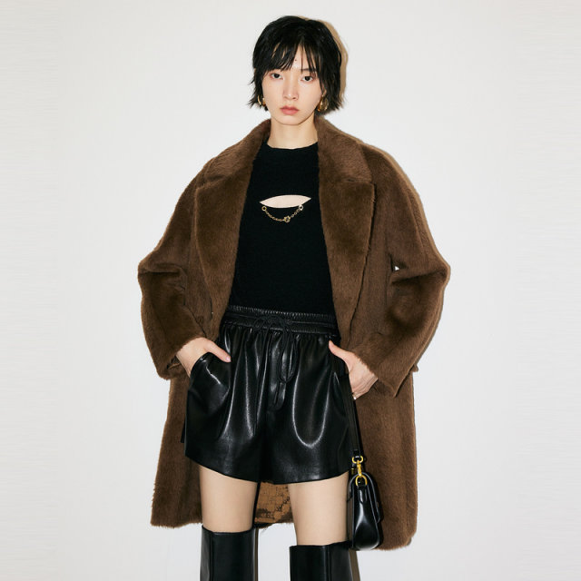 【羊驼毛】仿佛冬季新款咖啡色毛呢大衣女长款大翻领