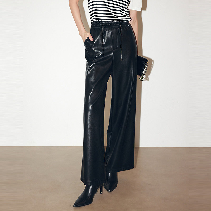 FF仿佛休闲裤女2025秋季新款宽松抽绳时尚显瘦直筒阔腿裤长裤皮裤,淘宝优惠券,粉丝福利购,淘宝优惠卷