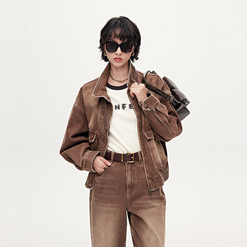 FF仿佛牛仔外套女2025秋季新款复古工装风廓形短款衬衫夹克外搭 - 图1