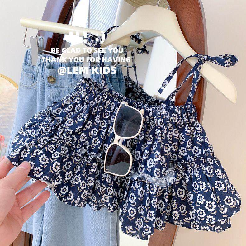 女童夏季套装2025新款女宝韩版碎花吊带衫牛仔阔腿裤九分裤两件套,淘宝优惠券,粉丝福利购,淘宝优惠卷