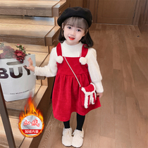 Girl foreign gas plus velvet autumn winter style red dress woman baby 2023 new thickened small fragrant wind skirt winter clothing