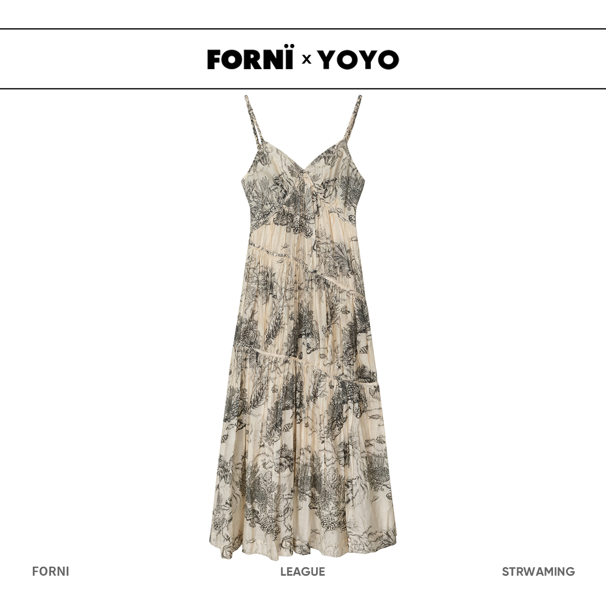 FORNI × YOYO水墨清茶 印花长款吊带裙宽松连衣裙女装时尚连衣裙