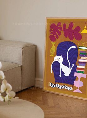 蓝色沙发上的白猫 卡通猫咪海报装饰挂画替换内芯画布打印未装裱