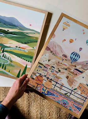 清新蓝色海岸风景建筑插画海报贴画装饰挂画内芯不要含带外框法式