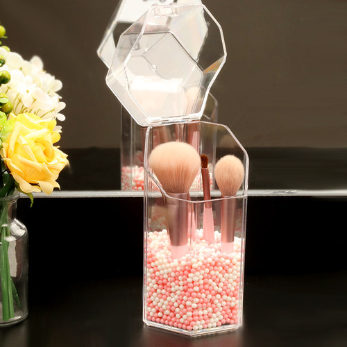透明化妆刷桶带珍珠桌面防尘带盖美妆刷子放眉笔眼影化妆品收纳盒 - 图2
