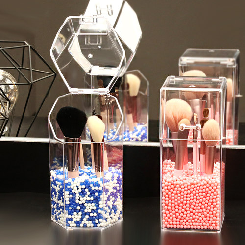 透明化妆刷桶带珍珠桌面防尘带盖美妆刷子放眉笔眼影化妆品收纳盒 - 图0