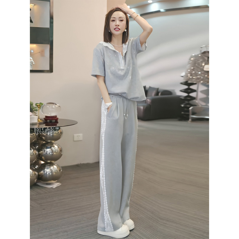 2025夏季新款穿搭配减龄显瘦时尚休闲运动蕾丝短袖长裤一整套装女 - 图2