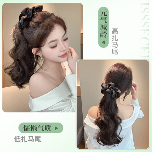 韩系百搭高马尾假发大波浪仿真长卷发抓夹假辫子黑色慵懒发圈马尾 - 图3
