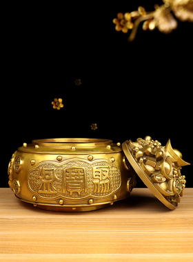 纯黄铜聚宝盆带盖家居客厅财位摆件香炉结婚装饰礼品