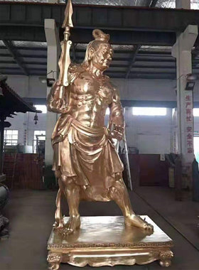 大型纯铜哼哈二将花岩石人像彩绘供奉四大天王青石护法佛像摆件