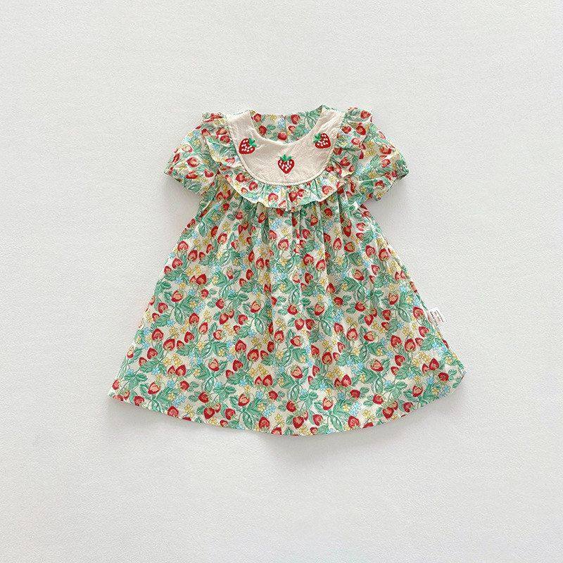草莓刺绣荷叶边女童连衣裙 2025夏新款水果印花儿童短袖娃娃裙子,淘宝优惠券,粉丝福利购,淘宝优惠卷