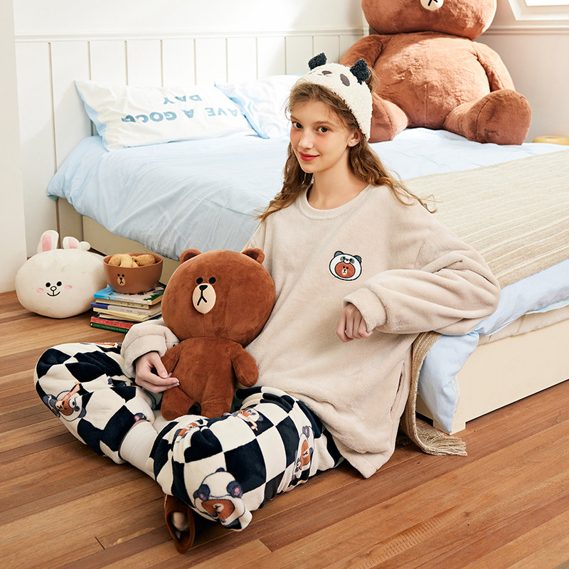 芬腾布朗熊珊瑚绒情侣睡衣秋冬女保暖法兰绒男士可外穿家居服套装,淘宝优惠券,粉丝福利购,淘宝优惠卷