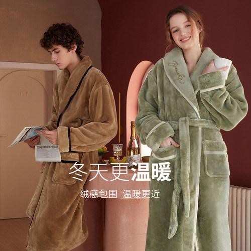 芬腾秋冬季珊瑚绒睡袍女情侣加厚保暖长款家居服男法兰绒浴袍浴衣 - 图0