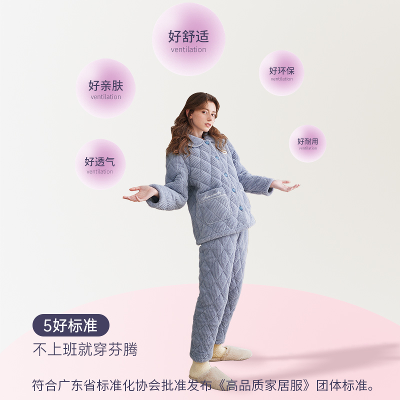 芬腾冬季珊瑚绒夹棉睡衣女士加厚法兰绒棉袄秋冬款家居服保暖套装