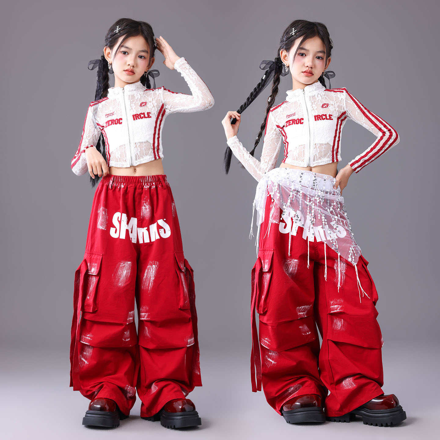 元旦儿童爵士舞女童服装红白蕾丝少儿街舞潮服女孩jazz舞台演出服 - 图2