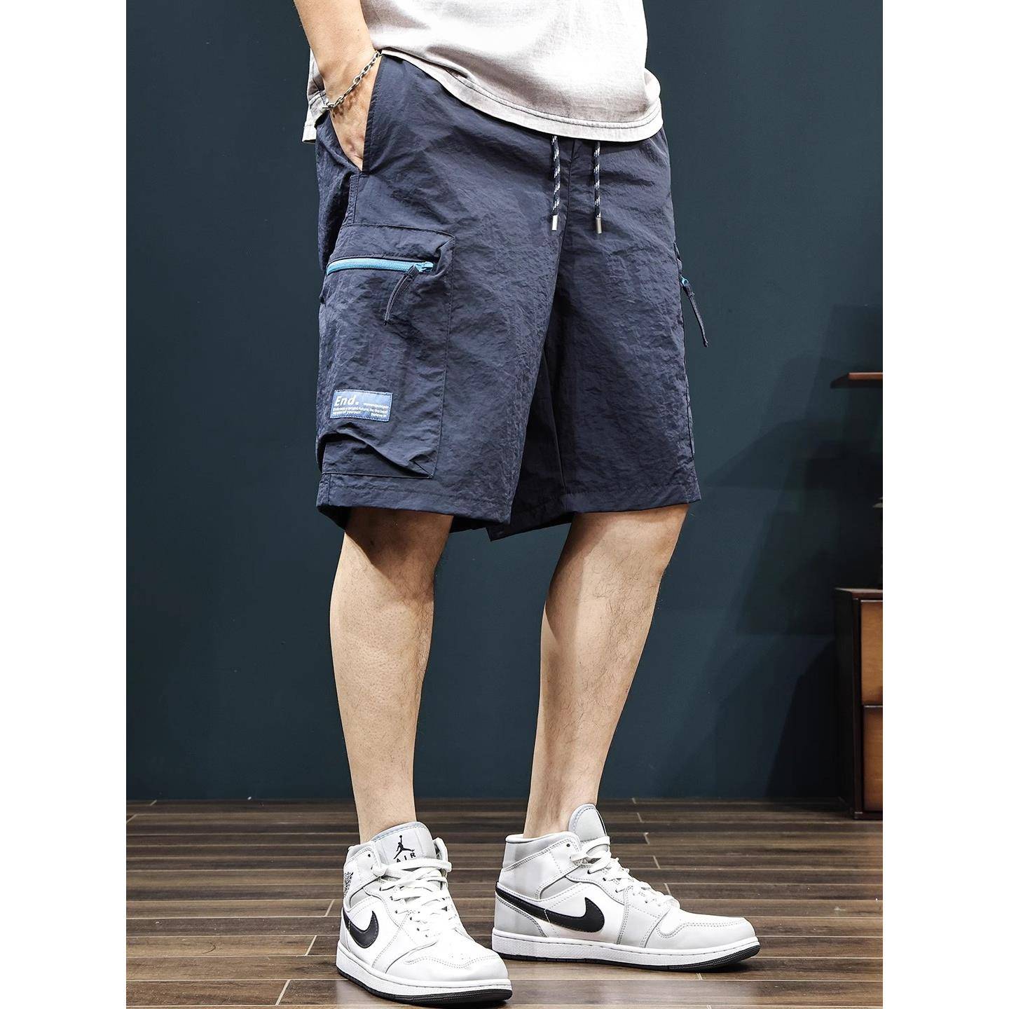 潮牌夏季薄款冰丝速干工装短裤男五分休闲裤大码拉炼口袋5分裤子 - 图0