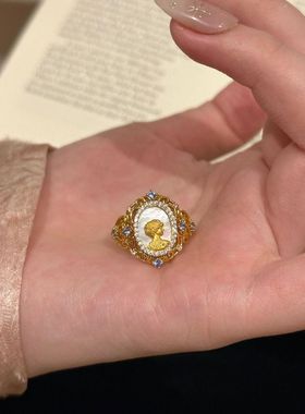 复古新中式浮雕古典贝母拉丝女神像戒指中古宫廷镂空花边精致指环