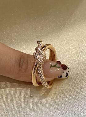 轻奢法式复古打结扭绳闭口戒指微镶锆石个性百搭时尚高级独特指环