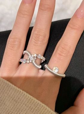 轻奢高级中古不规则手工拉丝镶嵌圆钻戒指小众复古时尚百搭食指戒