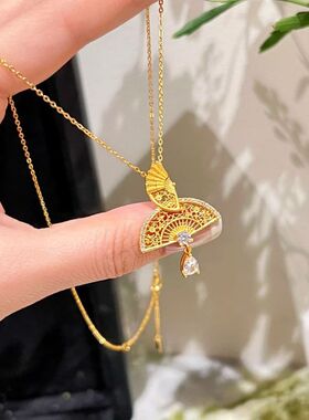 复古国潮新中式镂空折扇水滴项链镶钻中古百搭奢华气质优雅锁骨链