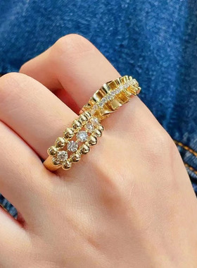 镀金半圈圆珠排钻爱心戒指轻奢