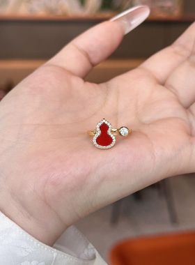 复古新中式福禄镶嵌满钻葫芦戒指简约时尚高级食指戒红色戒指女款