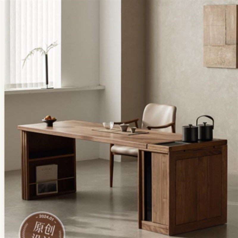 热销北美黑胡桃木茶桌椅组合新中式茶台家用办公书桌 - 图3
